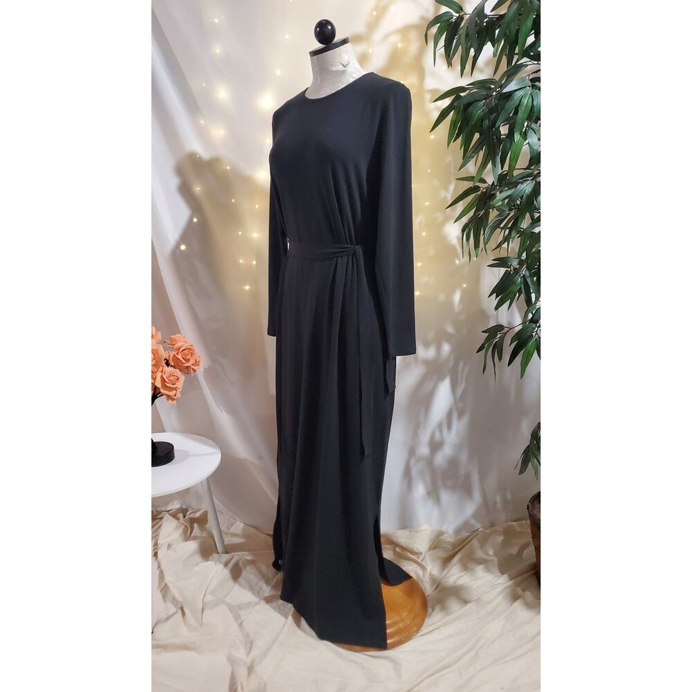 Garnet Hill Linden Knit Column Maxi Slit Dress Womens Size M Black Tie Waist Eco - Picture 4 of 11
